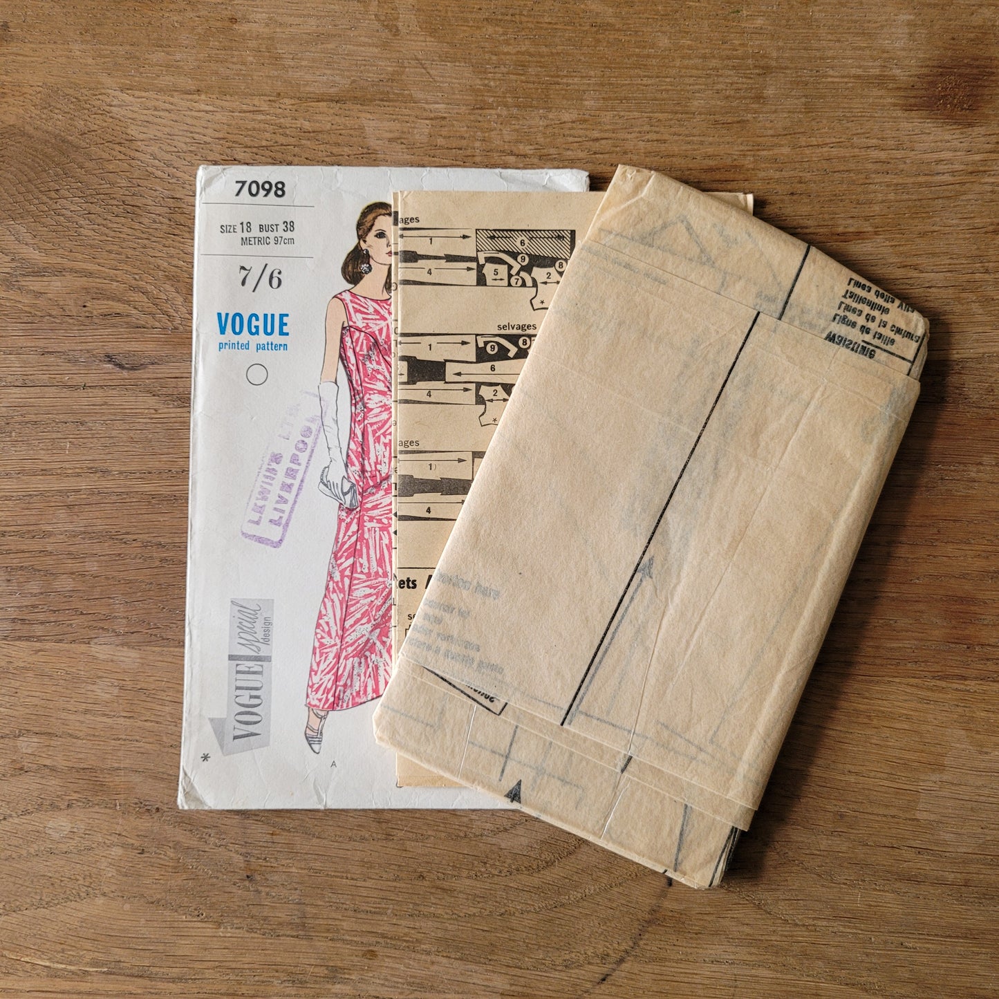 Used circa. 1967 Vogue 7098 sewing pattern for evening dress in two lengths, size 18 (complete)