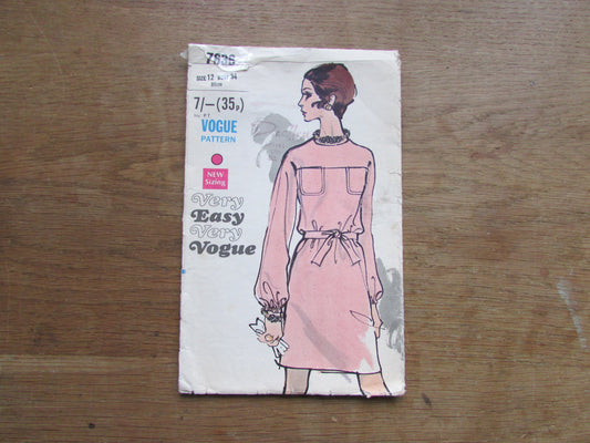 Part cut 1969 Vogue 7636 sewing pattern for misses' one-piece dress, size 12 (complete)