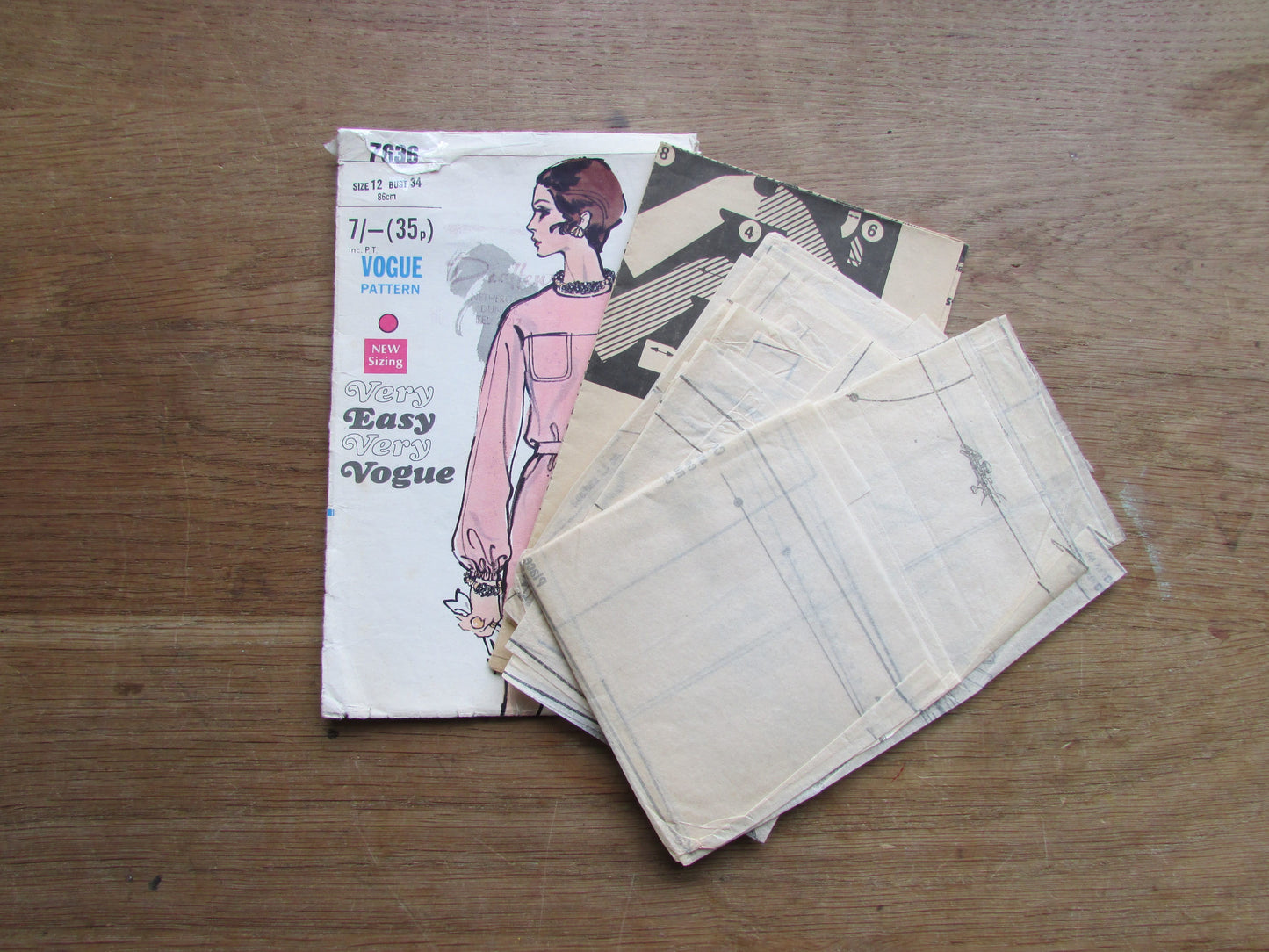 Part cut 1969 Vogue 7636 sewing pattern for misses' one-piece dress, size 12 (complete)