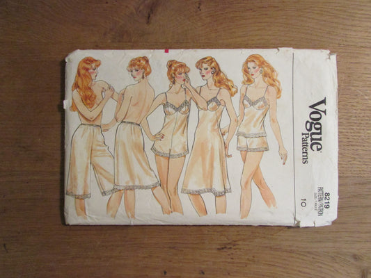 Part cut 1985 Vogue 8219 sewing pattern for misses' & misses; petite camisole, teddy, slips, culotte liner and panties, size 10 (complete)