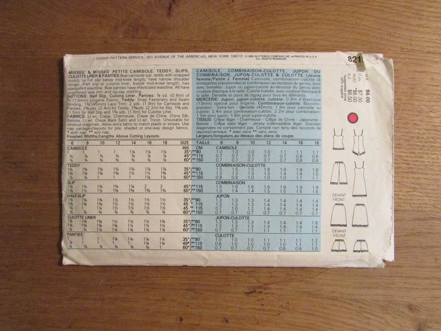 Part cut 1985 Vogue 8219 sewing pattern for misses' & misses; petite camisole, teddy, slips, culotte liner and panties, size 10 (complete)