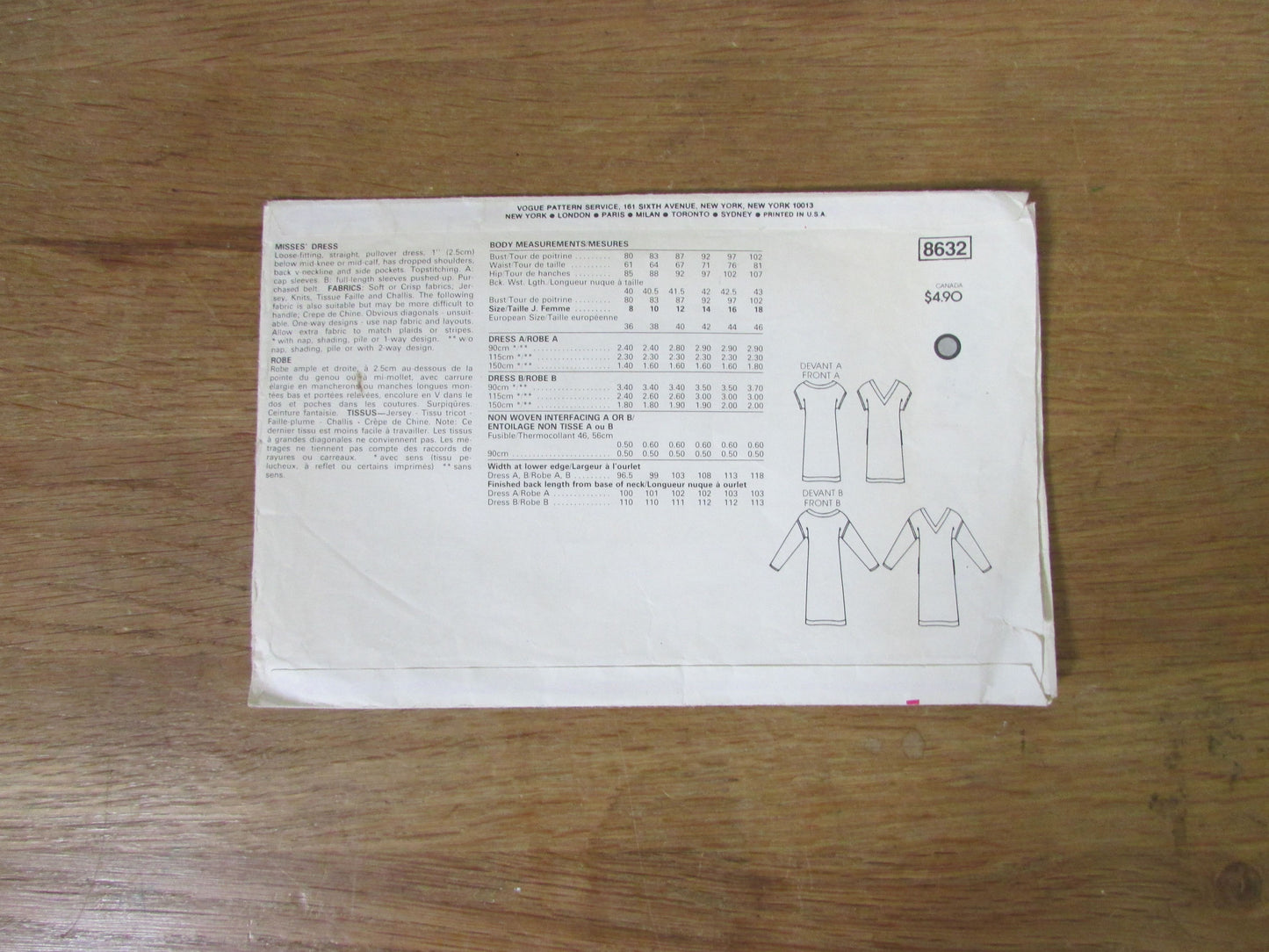 Used 1983 Vogue 8632 sewing pattern for misses' loose-fitting pullover dress, sizes 14-16-18 (cut to size 18, complete)