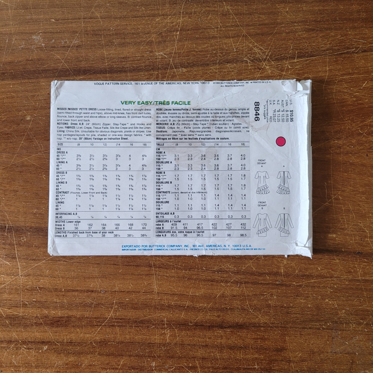 Uncut 1993 Vogue 8846 sewing pattern for misses'/misses' petite dress, sizes 8-12 (complete)