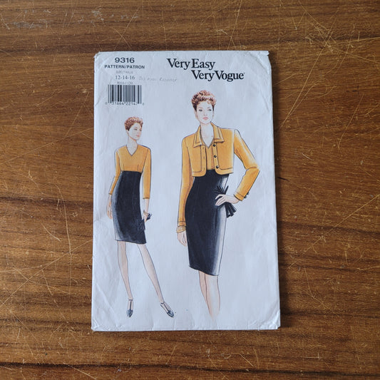 Uncut 1995 Vogue 9316 sewing pattern for misses'/misses' petite jacket & dress, sizes 12 to 14 (complete)