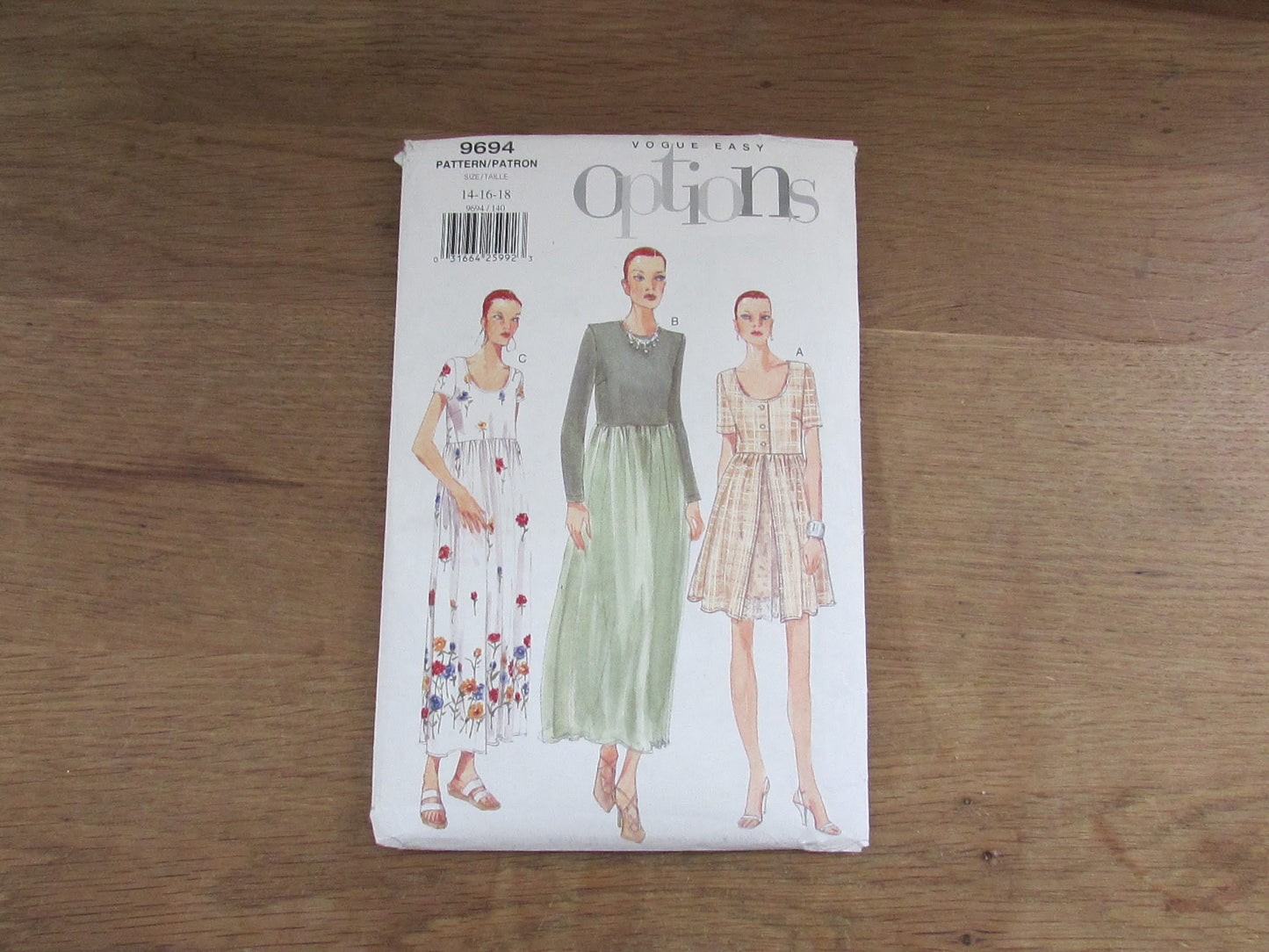 Uncut 1997 Vogue Easy Options 9694 sewing pattern for misses'/misses' petite dress, 14-16-18 (complete)