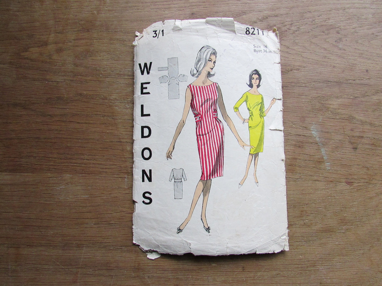 Part cut 1960s Weldons 8211 sewing pattern for misses' dress, size 16 (see description below)