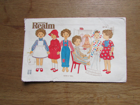 Part cut vintage Woman's Realm SP14 sewing pattern for doll clothes, to fit 12" doll (complete)