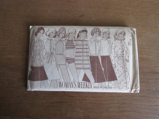 Uncut 1970s Woman's Weekly B605 sewing pattern for housecoat, jacket, blouse, tunic, tank top, skirt, trousers & bikini, size 12 (complete)